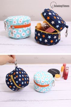 three different types of small cosmetic bags with zippers on the inside and outside, one has