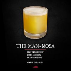 the man - mosa cocktail is served in a tall glass on a black background