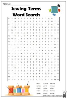 the word search for sewing items is shown in this printable worksheet, which includes