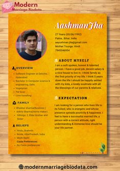 an orange and yellow resume template with a photo on the front, and a wooden background