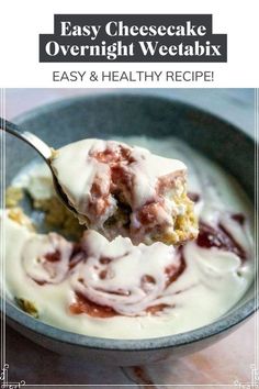 easy cheesecake overnight weetabix recipe in a blue bowl with a spoon