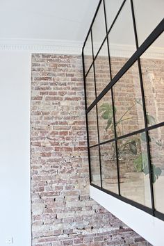 a brick wall with a large window reflecting a potted plant