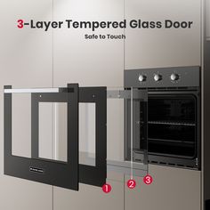 the three layer glass door is shown with instructions for how to put it in an oven