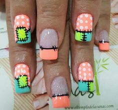 Nails Sewing Nail Designs, Patch Work Nail Art, Sewing Nail Art, Patchwork Nail Designs, Fingernail Designs Classy, Patchwork Nail Art, Patch Work Nails, Acrylic Paint Nail Art, Patchwork Nails