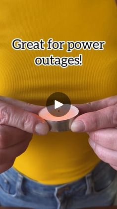 an older woman holding her hands together to show the words great for power outages