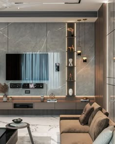 a modern living room with marble walls and flooring