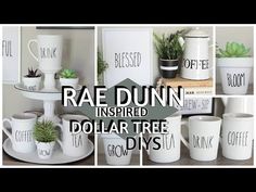 a collage of photos with coffee mugs and planters on top of each other