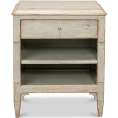 an old white wooden night stand with two shelves on one side and the other end