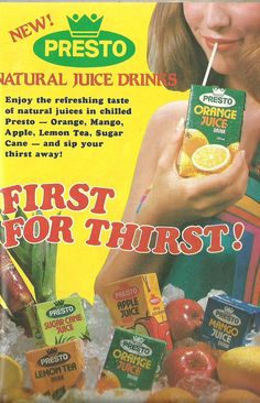 an advertisement for presto juice drinks featuring a woman holding a drink and surrounded by fruit