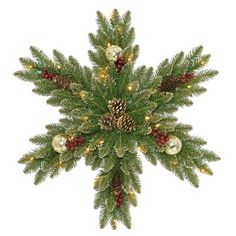 a christmas tree with pine cones and ornaments on it's branches, surrounded by lights