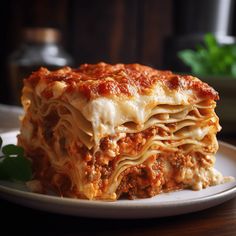 a white plate topped with lasagna covered in sauce and cheese on top of a wooden table