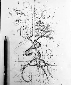 a pencil drawing of a tree with its roots in the shape of a star and planets