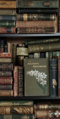 many books are stacked on top of each other in a bookcase with flowers and leaves