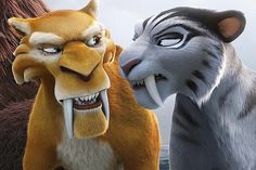 two animated animals are facing each other and one has its mouth open while the other looks angry