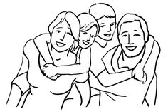 a black and white drawing of three people hugging each other with their arms around one another