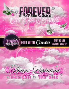 the flyer for an event with pink clouds and white doves on it, which reads forever