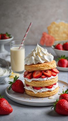 a stack of strawberry shortcakes on a plate with whipped cream and strawberries