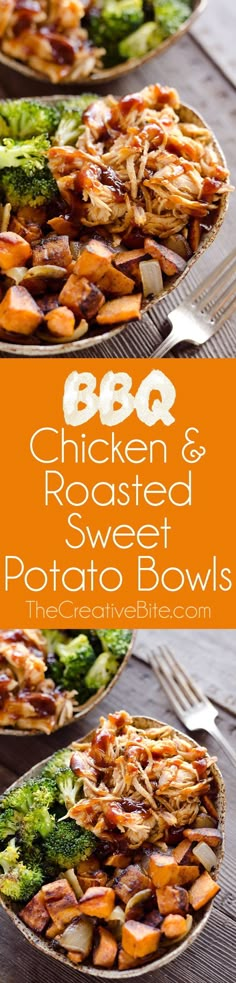 chicken and roasted sweet potato bowls with broccoli