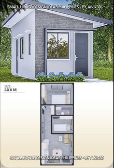 the small house is shown with its floor plan and elevation views for each room in it