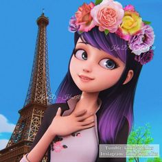 a girl with purple hair wearing a flower crown in front of the eiffel tower