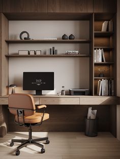 a desk with a computer on top of it in front of a bookshelf