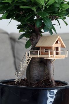 a small tree house in a potted plant