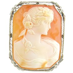 Vintage 14 Karat White Gold Cameo Brooch / Pendant This elegant cameo features a lovely lady in profile set in delicate white gold filigree. Can be worn as a brooch or a pendant. Size: 45 mm x 35 mm Weight: 9.4 dwt. / 14.7 gr. Acid tested for 14K gold. Very good condition, professionally polished. Will come packaged in a gift box. Victorian Pendant Necklace, Profile Set, Victorian Pendants, Jewelry Casket, Gold For Sale, White Gold Sapphire, Fun Photos, Cameo Jewelry, Cameo Ring