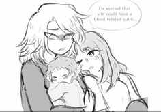 an adult holding a child with the caption i'm worried that she could have a blood related quirk