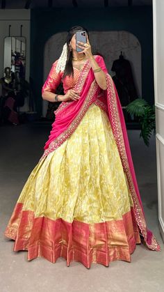 Look amazing adorning cream color jacquard silk lehenga choli with beautiful zari weaving work.
Wear this beautiful lehenga at family function and traditional look. Lehenga Voni, Women Lehenga Choli, Women Lehenga, Lehenga Choli Latest