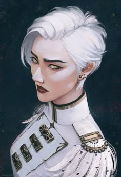 a painting of a woman with white hair wearing a uniform and gold jewelry on her neck