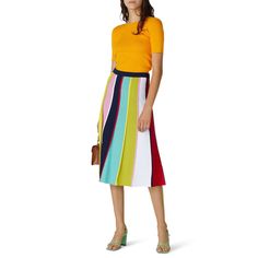 Multicolor striped knit (65% Viscose, 35% Polyamide). Skirt. 28.5" from waist to hemline. Imported. Sweater Midi Skirt, White Skater Skirt, Midi Skirts Summer, Polka Dot Midi Skirt, Full Midi Skirt, Mid Skirt, Wool Pencil Skirt, Printed Pencil Skirt, Printed Midi Skirt