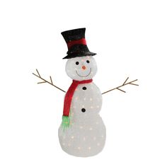 a snowman with a top hat and scarf on it's head, standing in front of a white background