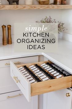 an organized kitchen drawer is shown with the words simple kitchen organizing ideas above it and below