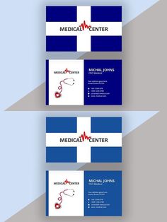 the medical center business card is designed to look like it's in blue and white