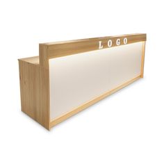 a wooden reception counter with the word logo on it's front and side panels