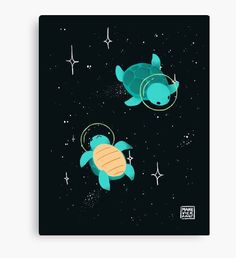 two sea turtles flying through the air with stars in the sky behind them on a black background