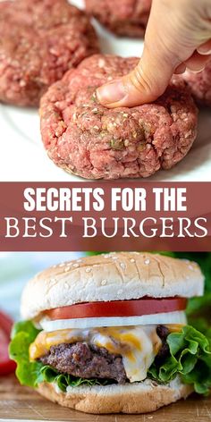 burgers with cheese, lettuce and tomato on top are shown in this collage