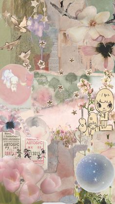 a collage with flowers, birds and other things in the background that are mixed together