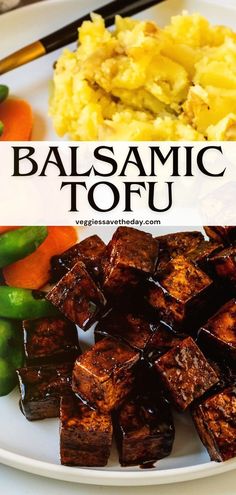 a plate with tofu, carrots and green peppers on it that says balsamic tofu