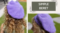 a girl with curly hair wearing a purple knitted hat and text that reads, simple beret