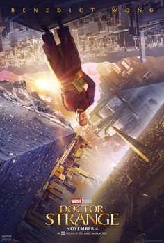 the poster for doctor strange is shown in front of a cityscape with skyscrapers