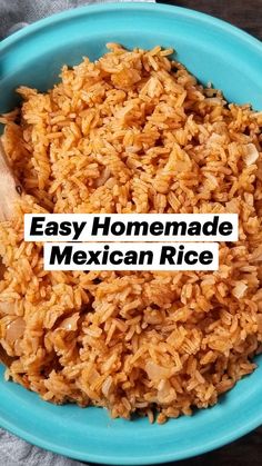 mexican rice in a blue bowl with a wooden spoon next to it and text overlay that reads best easy mexican rice