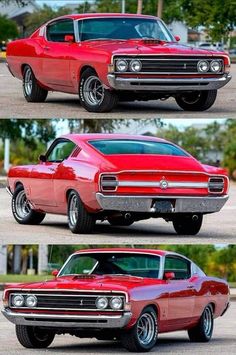 three different pictures of the front and side of a red car with chrome rims