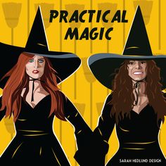 two women wearing witches hats and black dresses with the words practical magic written on them