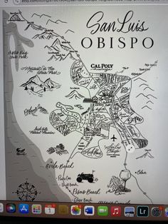 a computer screen with a map drawn on it's side and the words san luis obispo written in black