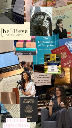 a collage of photos with people and laptops in the middle one has a woman speaking into a microphone