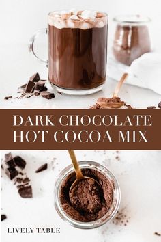 chocolate hot cocoa mix in a glass mug with marshmallows on the side