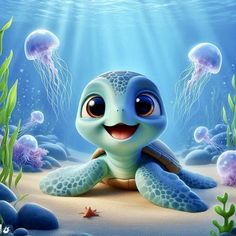 a cartoon turtle is sitting on the sand with jellyfish in it's mouth