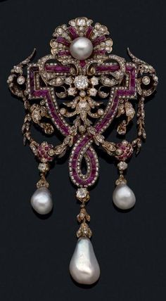 An antique gold, pearl, ruby and diamond brooch, by Charles Martial Bernard, circa 1865 Bijoux Art Deco, Diamond Brooch, Discount Jewelry, Ruby Jewelry, Deco Jewelry, Fabulous Jewelry, Victorian Jewelry