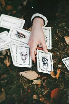 a person's hand reaching for playing cards on the ground